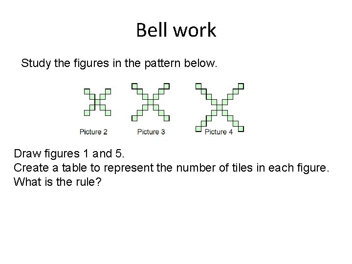 Bell work Study the figures in the pattern below. Draw figures 1 and 5.