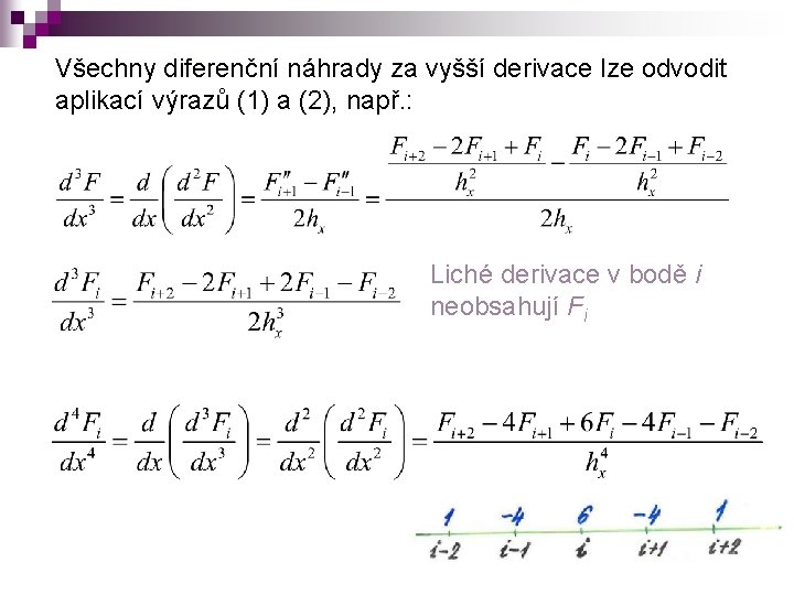 Všechny diferenční náhrady za vyšší derivace lze odvodit aplikací výrazů (1) a (2), např.