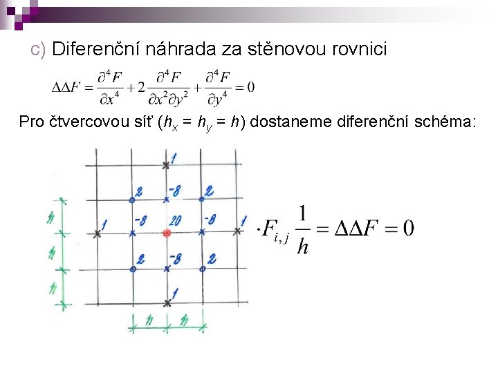 c) Diferenční náhrada za stěnovou rovnici Pro čtvercovou síť (hx = hy = h)