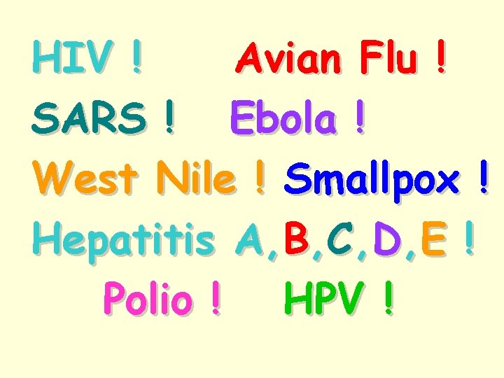 HIV ! Avian Flu ! SARS ! Ebola ! West Nile ! Smallpox !