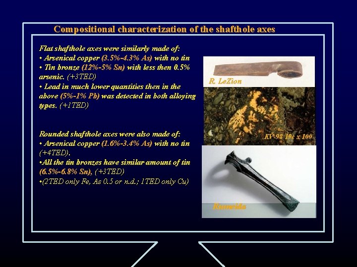 Compositional characterization of the shafthole axes Flat shafthole axes were similarly made of: •