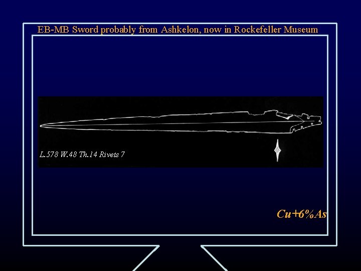 EB-MB Sword probably from Ashkelon, now in Rockefeller Museum L. 578 W. 48 Th.