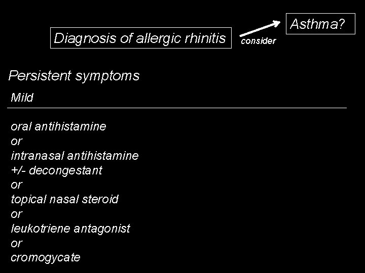 Diagnosis of allergic rhinitis Persistent symptoms Mild oral antihistamine or intranasal antihistamine +/- decongestant