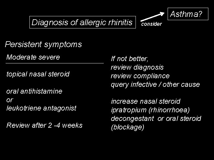 Diagnosis of allergic rhinitis Asthma? consider Persistent symptoms Moderate severe topical nasal steroid oral