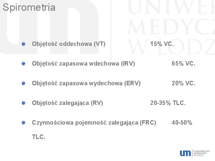 Spirometria Objętość oddechowa (VT) 15% VC. Objętość zapasowa wdechowa (IRV) 65% VC. Objętość zapasowa