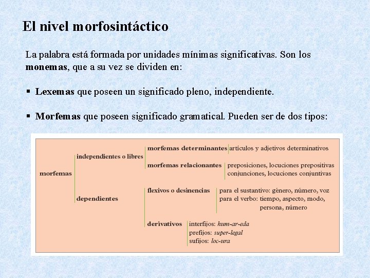 El nivel morfosintáctico La palabra está formada por unidades mínimas significativas. Son los monemas,