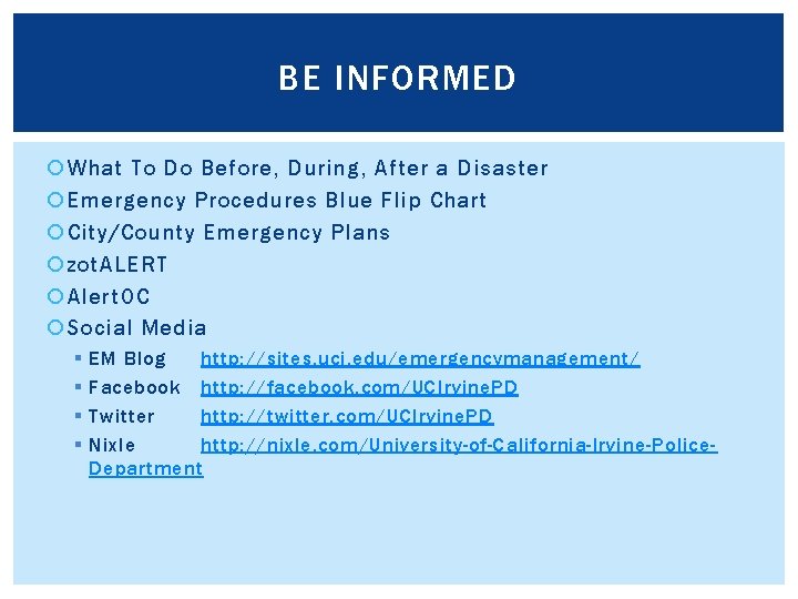 BE INFORMED What To Do Before, During, After a Disaster Emergency Procedures Blue Flip
