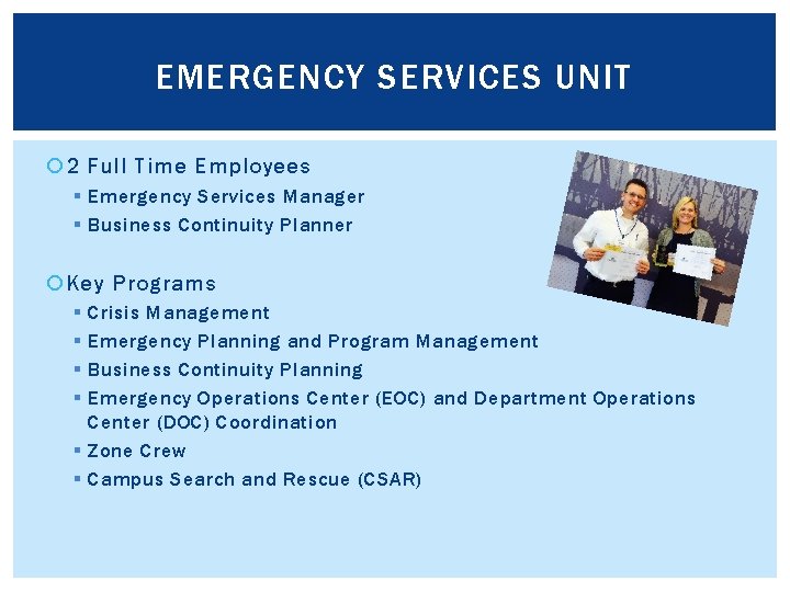 Emergency Support Service Examples DISASTER PREPAREDNESS AT WORK AND AT HOME Anne