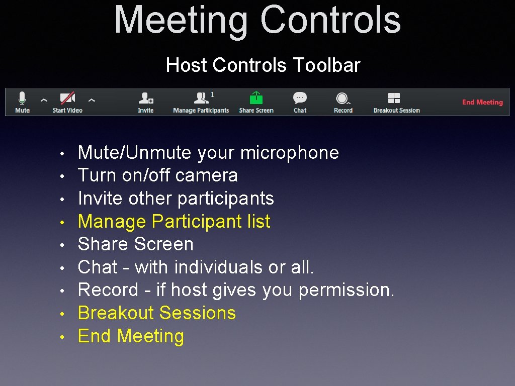 Meeting Controls Host Controls Toolbar • • • Mute/Unmute your microphone Turn on/off camera