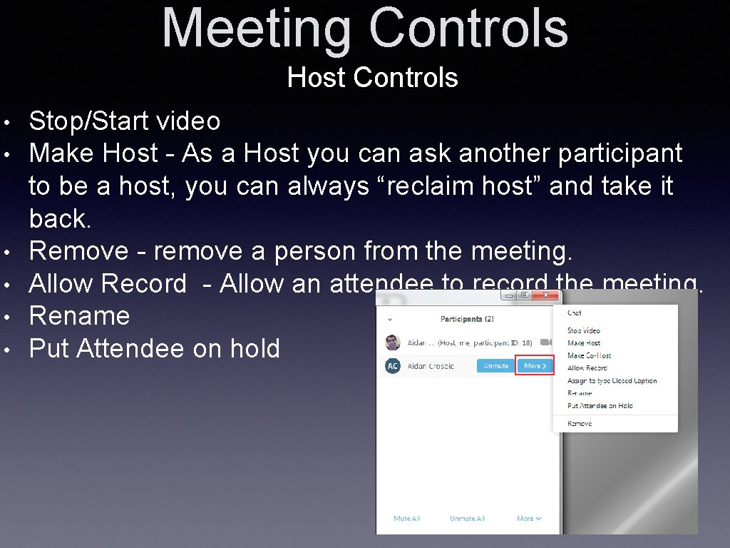 Meeting Controls Host Controls • • • Stop/Start video Make Host - As a