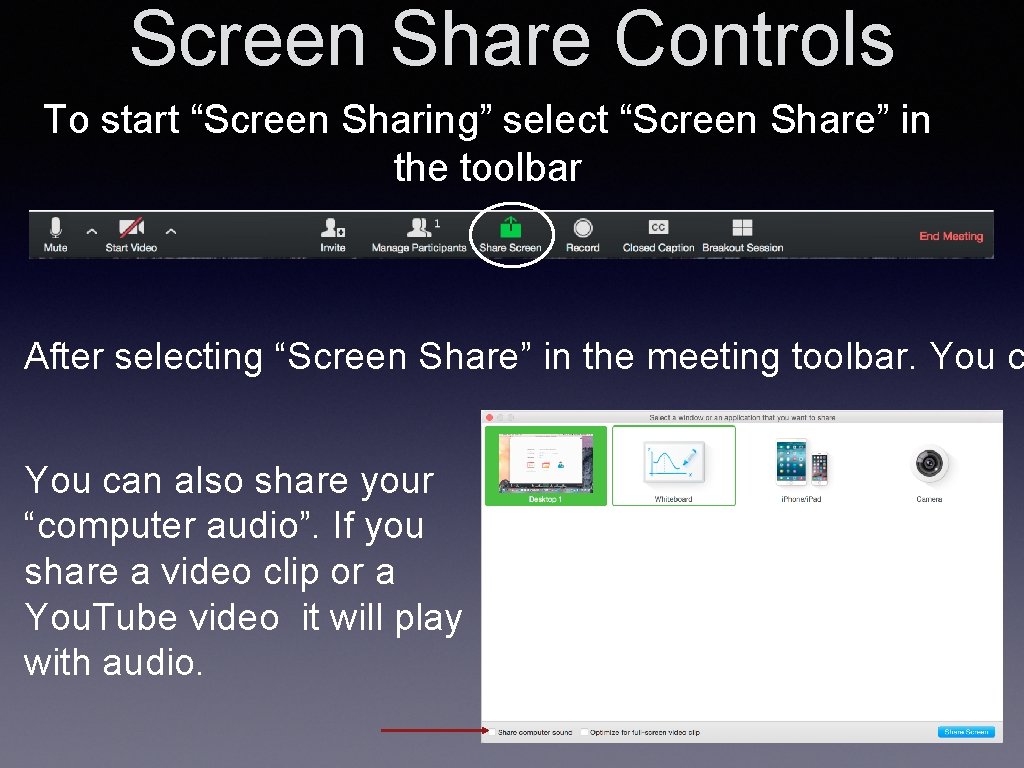 Screen Share Controls To start “Screen Sharing” select “Screen Share” in the toolbar After