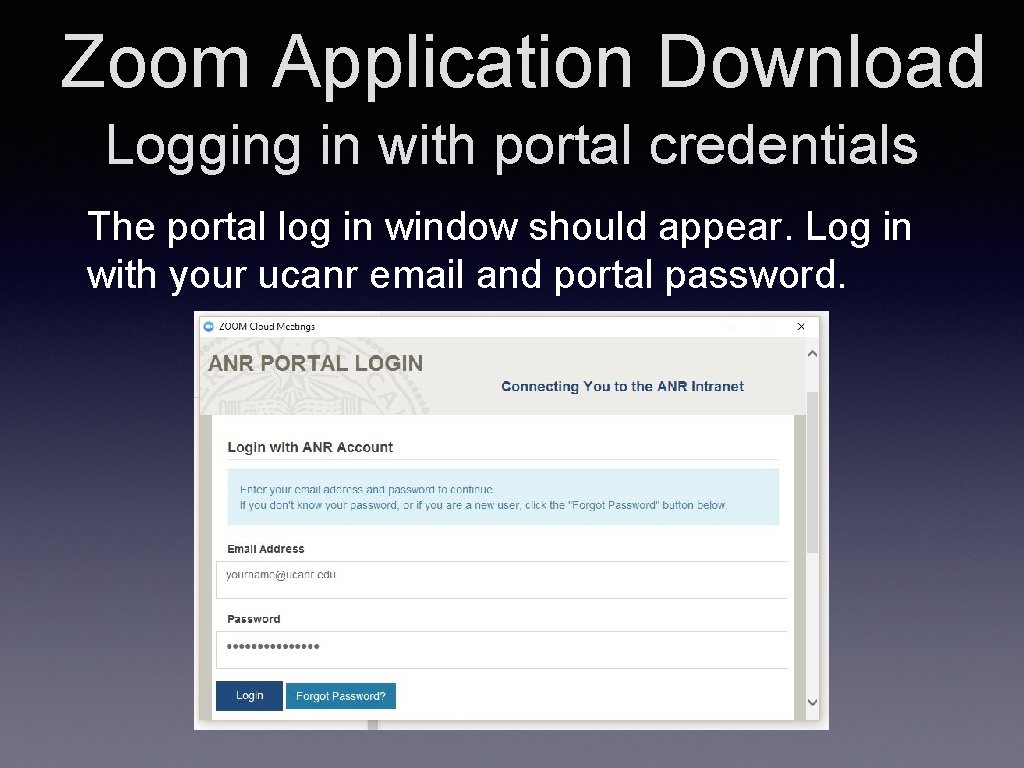 Zoom Application Download Logging in with portal credentials The portal log in window should