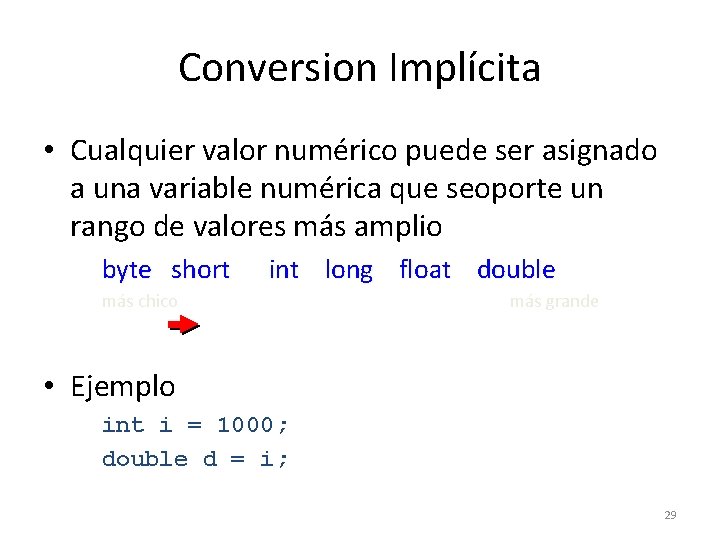 Conversion Implícita • Cualquier valor numérico puede ser asignado a una variable numérica que