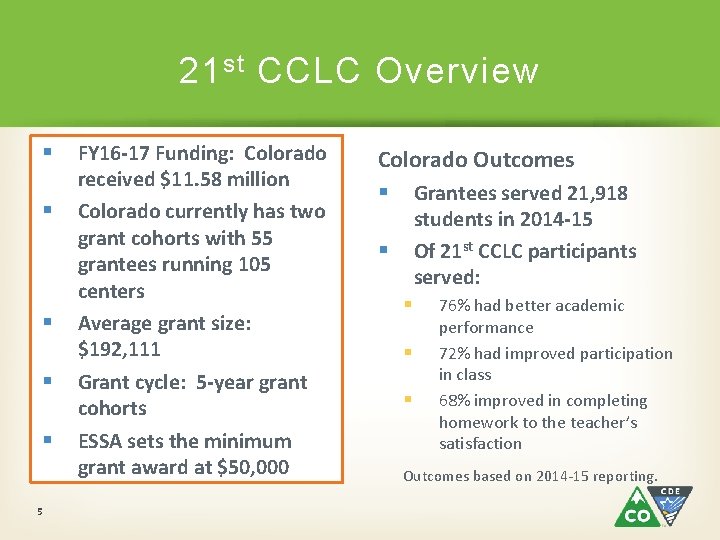 21 st CCLC Overview § § § 5 FY 16 -17 Funding: Colorado received 21 st CCLC Overview § § § 5 FY 16 -17 Funding: Colorado received