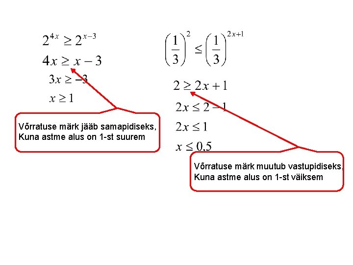 Võrratuse märk jääb samapidiseks, Kuna astme alus on 1 -st suurem Võrratuse märk muutub Võrratuse märk jääb samapidiseks, Kuna astme alus on 1 -st suurem Võrratuse märk muutub