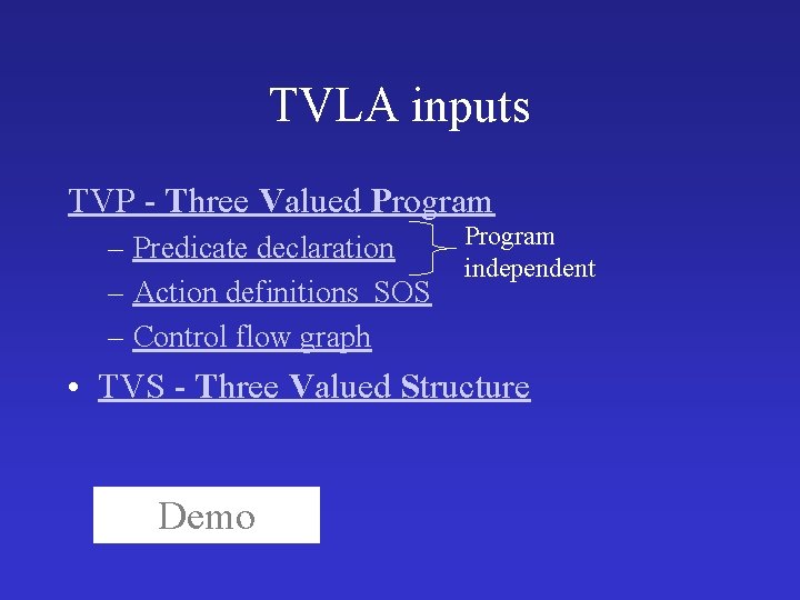 TVLA inputs TVP - Three Valued Program – Predicate declaration – Action definitions SOS