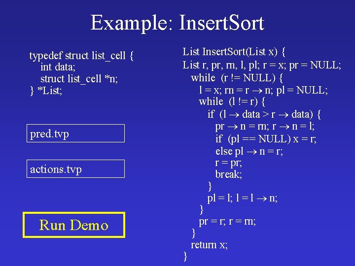 Example: Insert. Sort typedef struct list_cell { int data; struct list_cell *n; } *List;