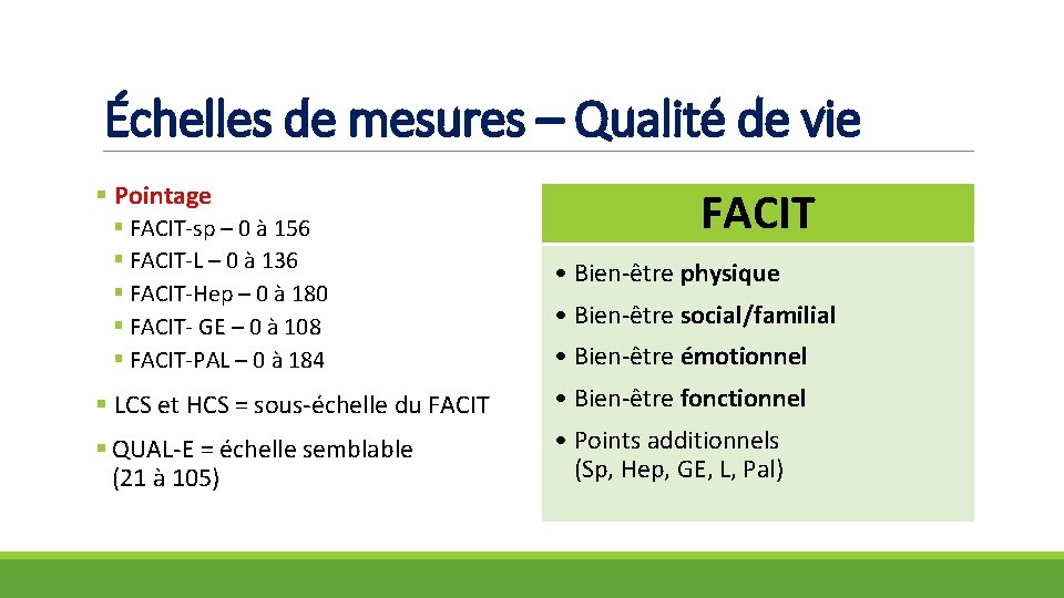 Échelles de mesures – Qualité de vie § Pointage § FACIT-sp – 0 à