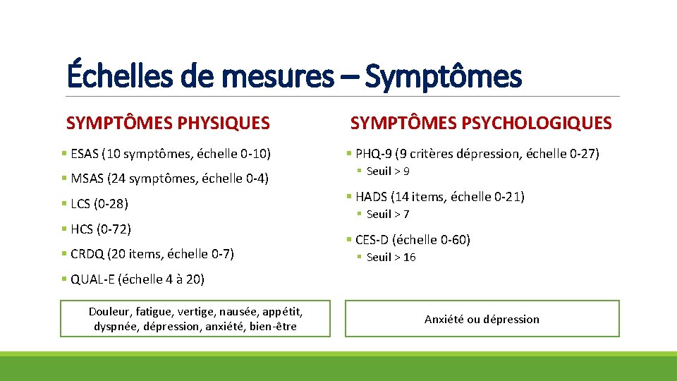 Échelles de mesures – Symptômes SYMPTÔMES PHYSIQUES § ESAS (10 symptômes, échelle 0 -10)