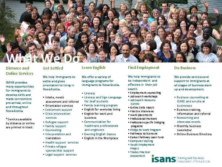 What We Do Distance and Online Services ISANS provides many opportunities for immigrants to