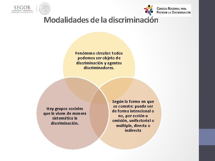 Modalidades de la discriminación Fenómeno circular: todos podemos ser objeto de discriminación y agentes