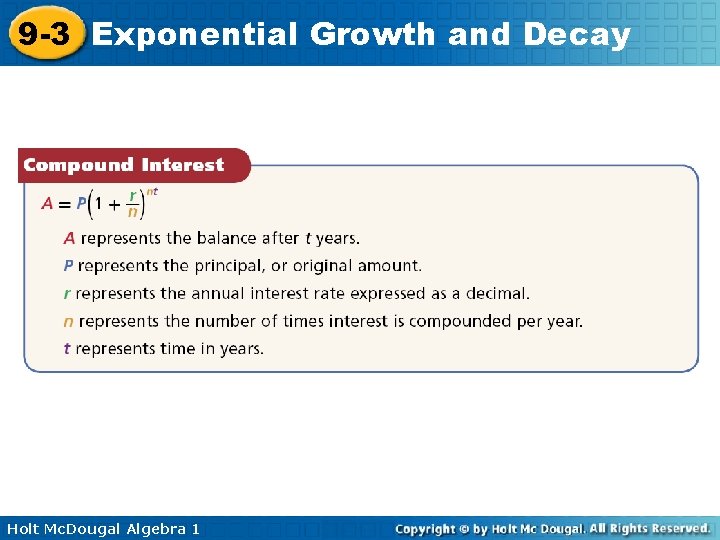 9 -3 Exponential Growth and Decay Holt Mc. Dougal Algebra 1 