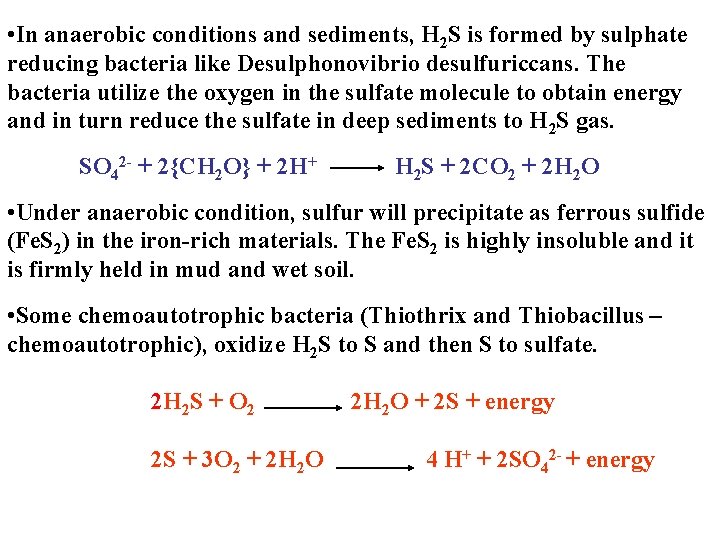  • In anaerobic conditions and sediments, H 2 S is formed by sulphate