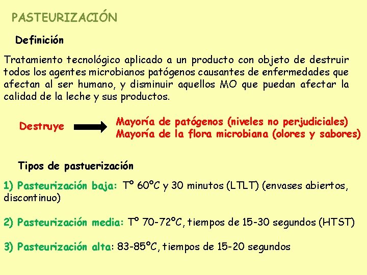 PASTEURIZACIÓN Definición Tratamiento tecnológico aplicado a un producto con objeto de destruir todos los