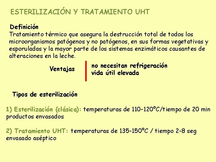 ESTERILIZACIÓN Y TRATAMIENTO UHT Definición Tratamiento térmico que asegura la destrucción total de todos