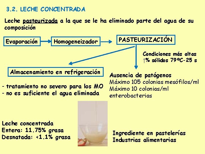3. 2. LECHE CONCENTRADA Leche pasteurizada a la que se le ha eliminado parte
