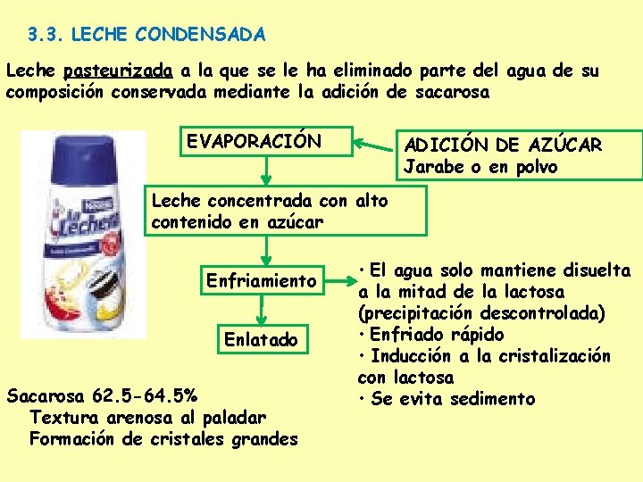 3. 3. LECHE CONDENSADA Leche pasteurizada a la que se le ha eliminado parte