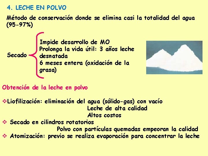 4. LECHE EN POLVO Método de conservación donde se elimina casi la totalidad del