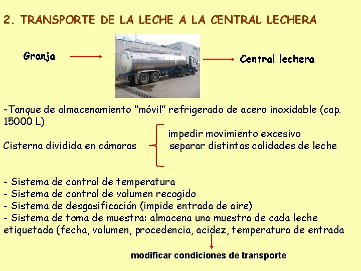 2. TRANSPORTE DE LA LECHE A LA CENTRAL LECHERA Granja Central lechera -Tanque de
