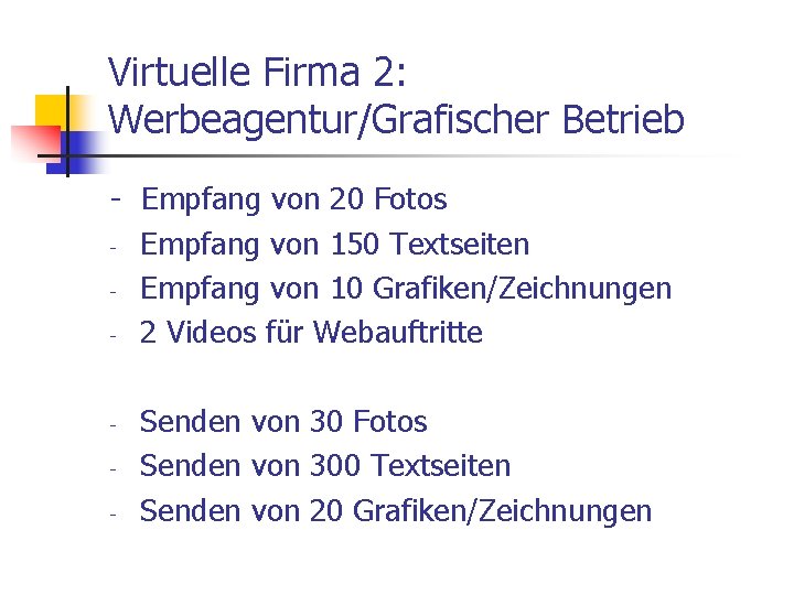 Virtuelle Firma 2: Werbeagentur/Grafischer Betrieb - Empfang von 20 Fotos - Empfang von 150