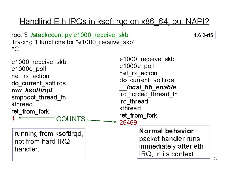 Handlind Eth IRQs in ksoftirqd on x 86_64, but NAPI? root $. /stackcount. py