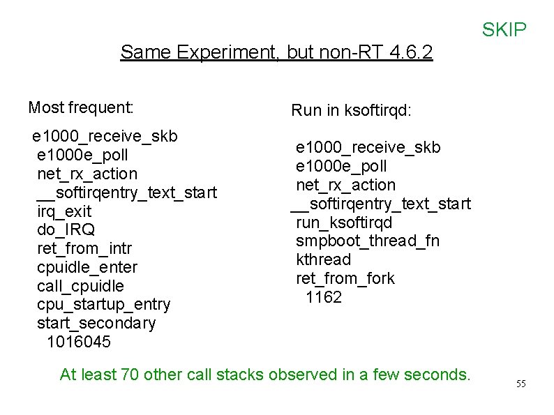 SKIP Same Experiment, but non-RT 4. 6. 2 Most frequent: e 1000_receive_skb e 1000
