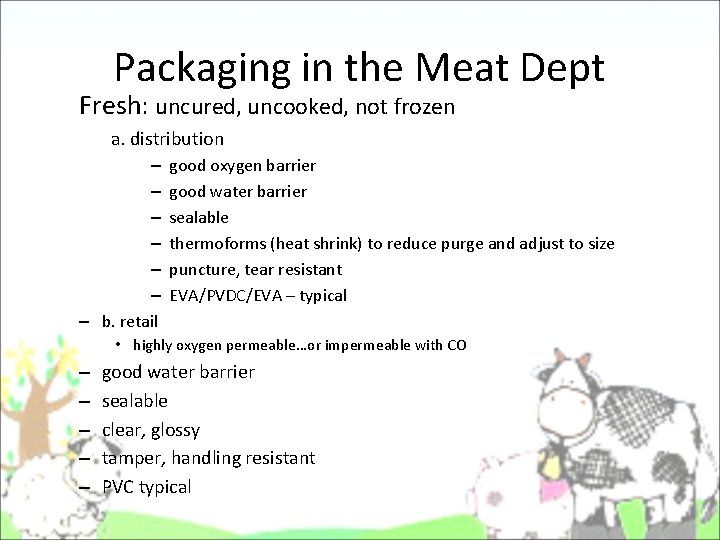 Packaging in the Meat Dept Fresh: uncured, uncooked, not frozen a. distribution – – Packaging in the Meat Dept Fresh: uncured, uncooked, not frozen a. distribution – –