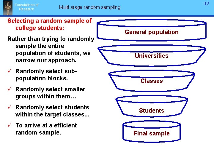 Foundations of Research 47 Multi-stage random sampling Selecting a random sample of college students: Foundations of Research 47 Multi-stage random sampling Selecting a random sample of college students: