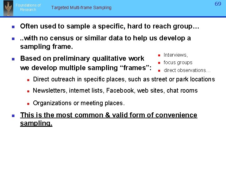 Foundations of Research n n 69 Targeted Multi-frame Sampling Often used to sample a Foundations of Research n n 69 Targeted Multi-frame Sampling Often used to sample a
