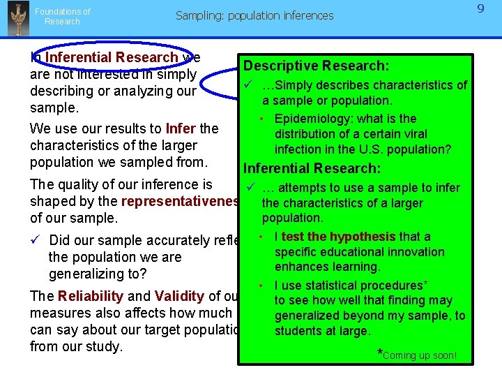 Foundations of Research 9 Sampling: population inferences In Inferential Research we are not interested Foundations of Research 9 Sampling: population inferences In Inferential Research we are not interested
