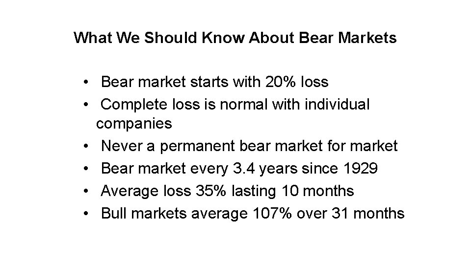 What We Should Know About Bear Markets • Bear market starts with 20% loss