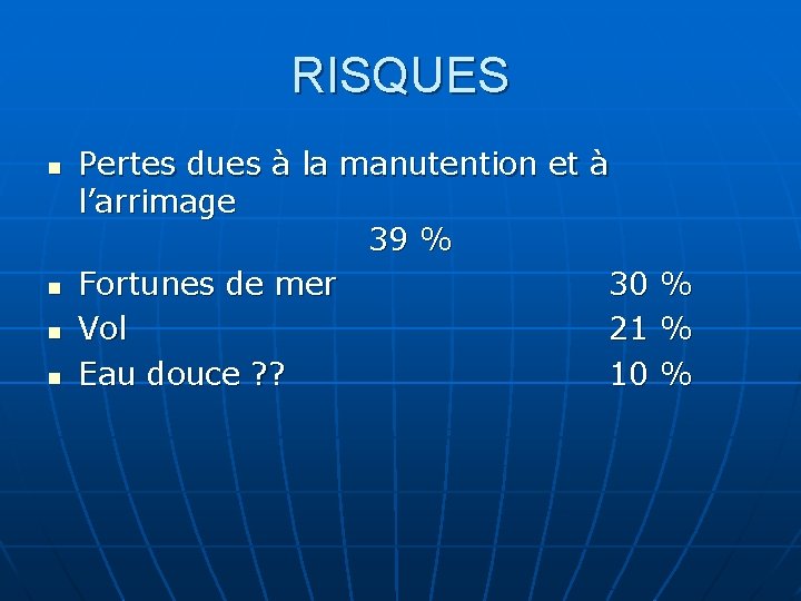 RISQUES n n Pertes dues à la manutention et à l’arrimage 39 % Fortunes