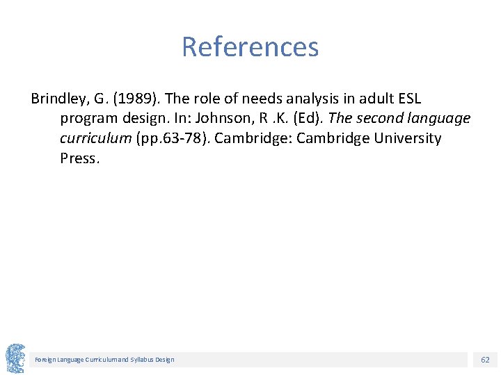 References Brindley, G. (1989). The role of needs analysis in adult ESL program design.