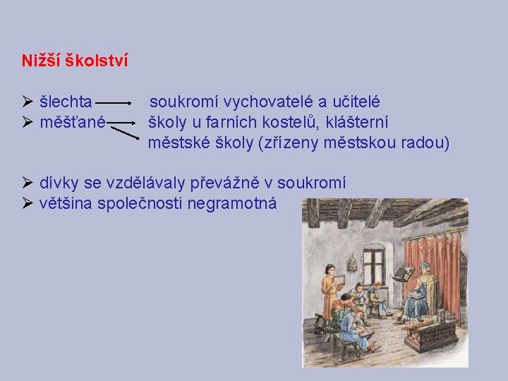 Nižší školství Ø šlechta soukromí vychovatelé a učitelé Ø měšťané školy u farních kostelů, Nižší školství Ø šlechta soukromí vychovatelé a učitelé Ø měšťané školy u farních kostelů,