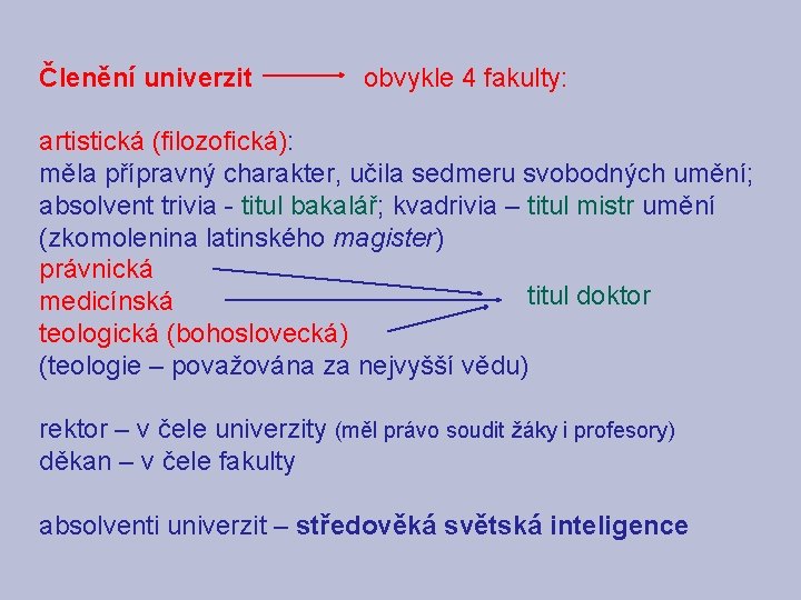 Členění univerzit obvykle 4 fakulty: artistická (filozofická): měla přípravný charakter, učila sedmeru svobodných umění; Členění univerzit obvykle 4 fakulty: artistická (filozofická): měla přípravný charakter, učila sedmeru svobodných umění;