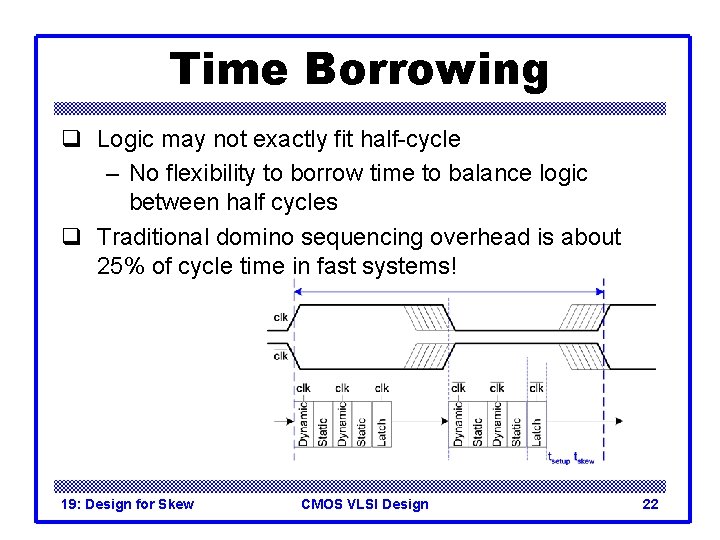 Time Borrowing q Logic may not exactly fit half-cycle – No flexibility to borrow
