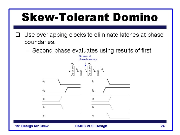 Skew-Tolerant Domino q Use overlapping clocks to eliminate latches at phase boundaries. – Second