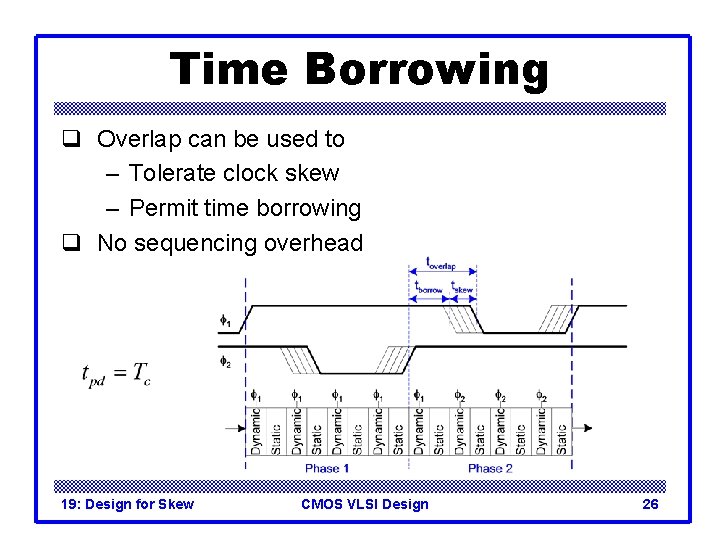 Time Borrowing q Overlap can be used to – Tolerate clock skew – Permit
