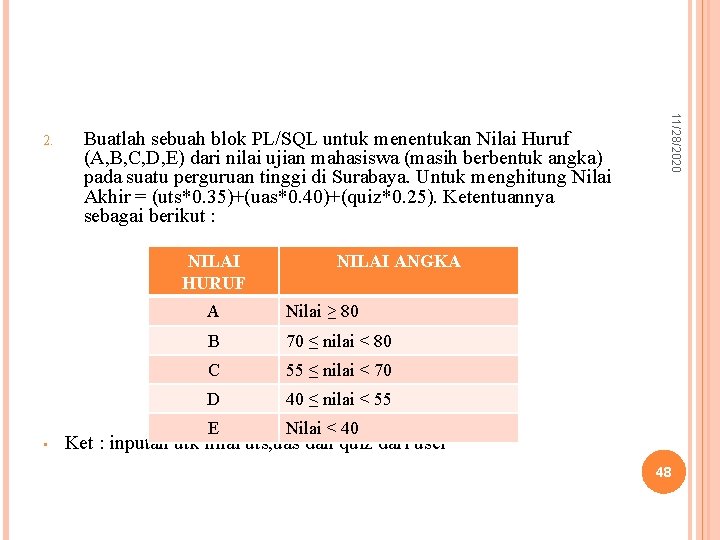  • Buatlah sebuah blok PL/SQL untuk menentukan Nilai Huruf (A, B, C, D,