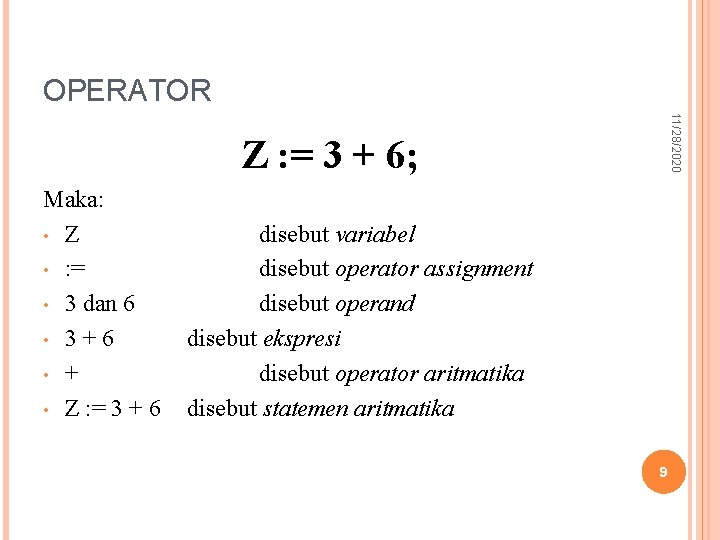 OPERATOR 11/28/2020 Z : = 3 + 6; Maka: • Z • : =